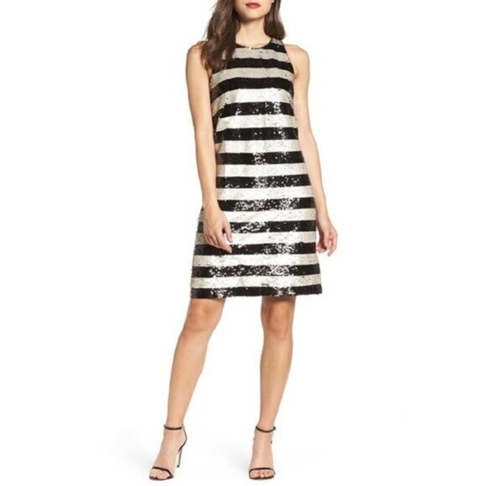 Eliza J Sequin Striped Shift Cocktail Dress Gold Black Reversible Sequin 6 NWT